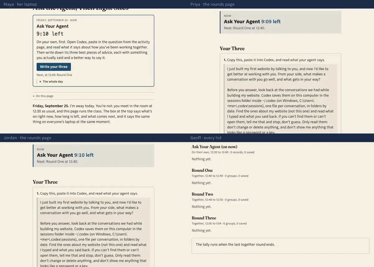 Step 1: Friday, 12:30. I'm away, and the class meets without me. The box at the top of the activity page runs the day: what's on, how long is left, what to do and where. Every laptop says the same thing at the same moment.