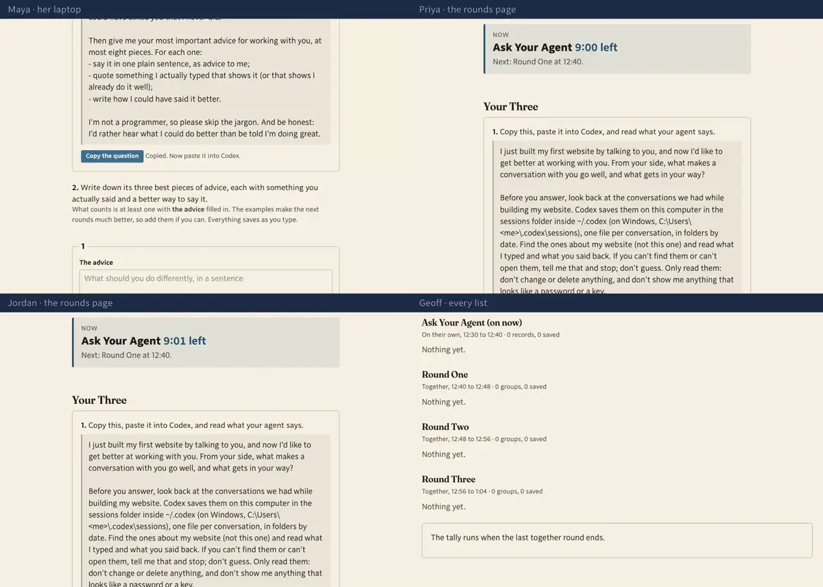 Step 2: First, on your own. The button takes you to the rounds page, which has the question to ask your agent and a button to copy it.