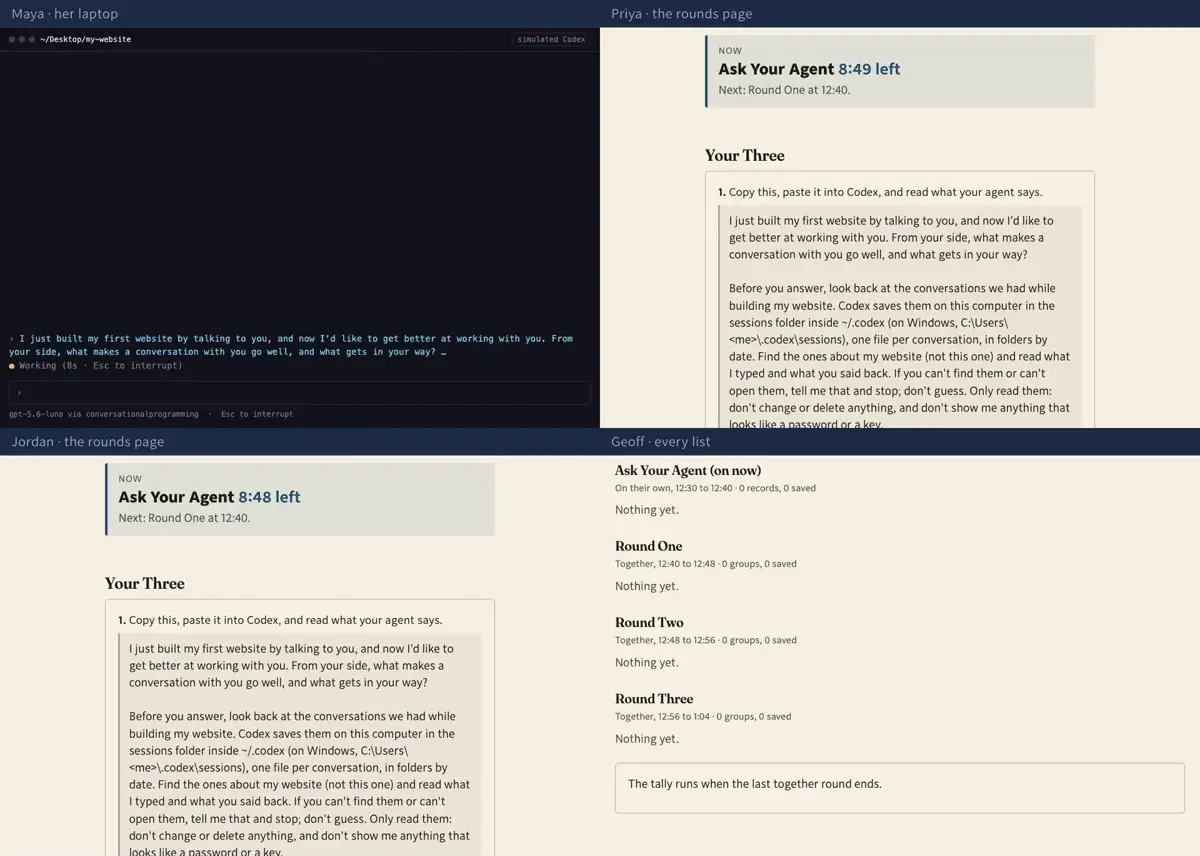 Step 3: Paste it into Codex, in your website's folder. The question asks your agent to read back through the conversations you had building your site, and to tell you what made them go well and what got in its way.