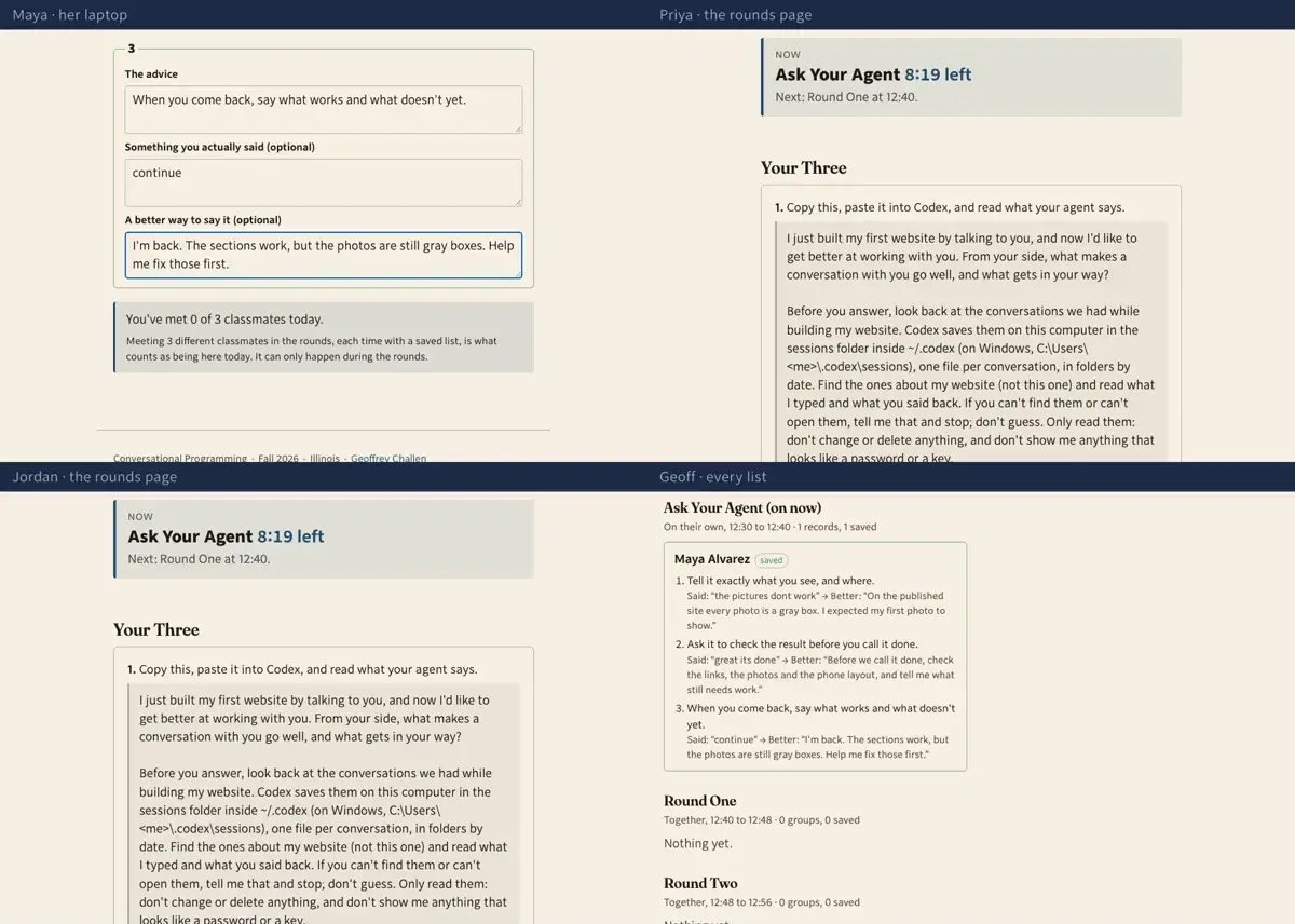 Step 5: Then back to the rounds page, and write down the three that matter most to you. Each with something you actually typed, and a better way to say it: that pair is what makes advice about you rather than about everyone.