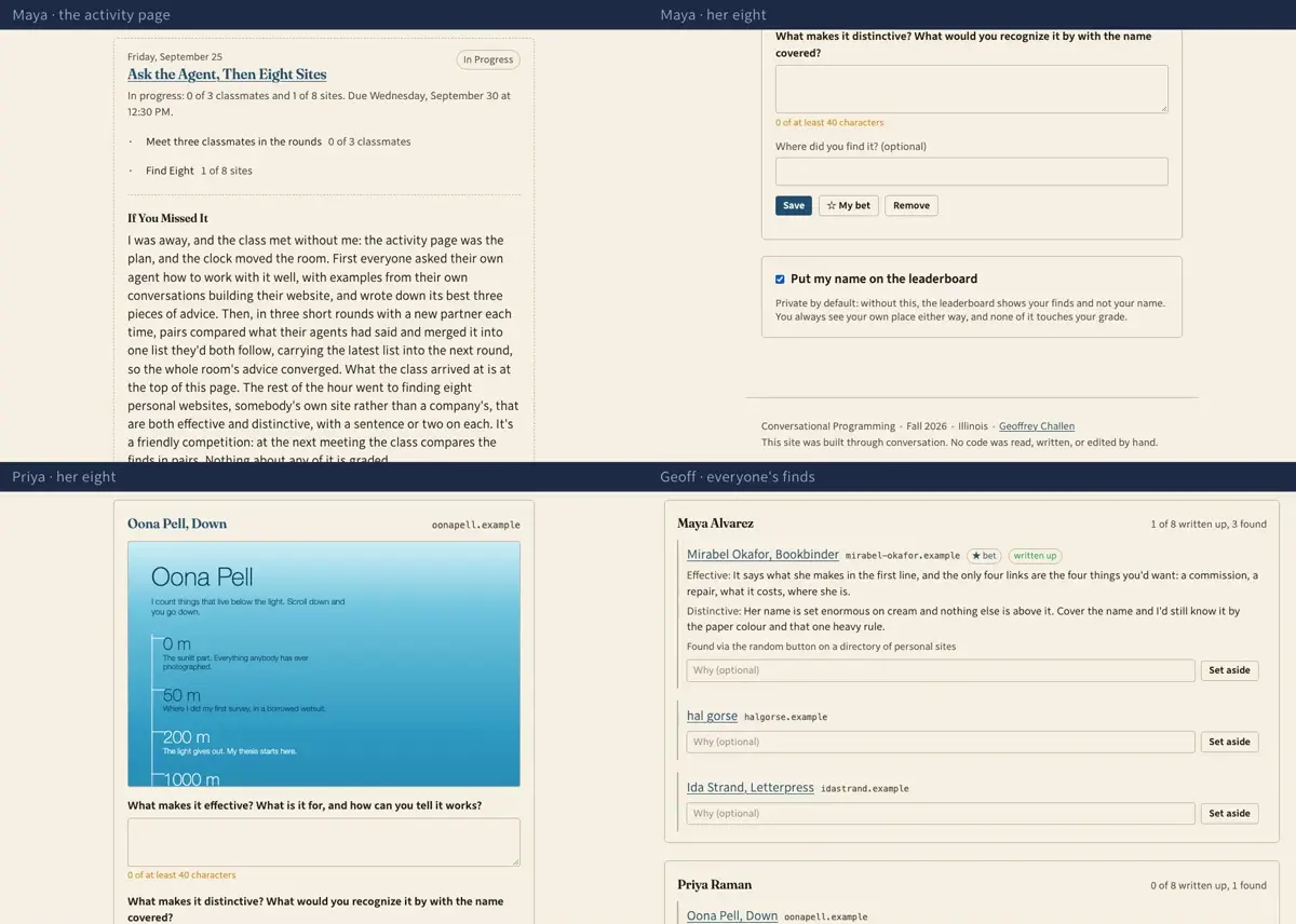 Step 18: And this is what I see, from wherever I am: everyone on the roster, what they have found, and the sentences they wrote about it. Set aside takes a site out of the vote without taking it off the student who found it.