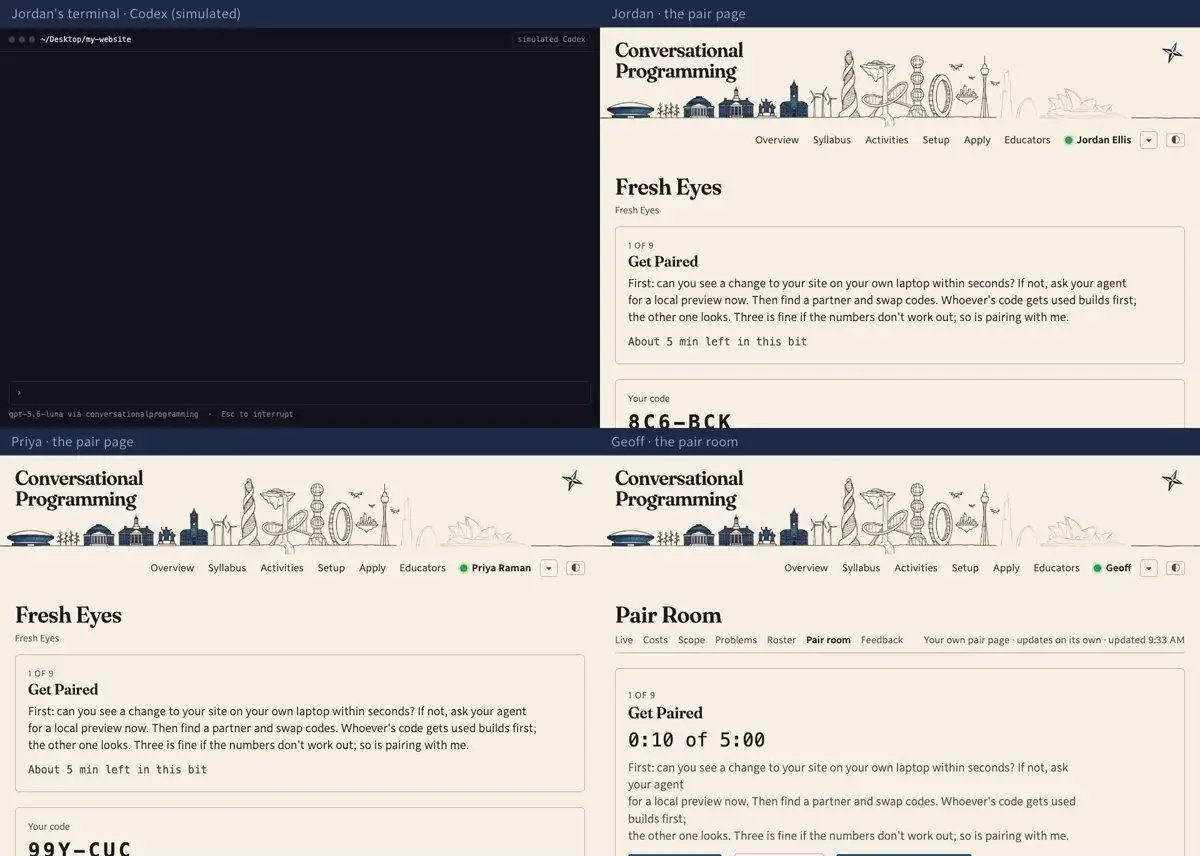 Step 1: Same page as last week, a different plan. Geoff picks Fresh Eyes and presses Start; the room is on Get Paired and codes appear on every student's page.