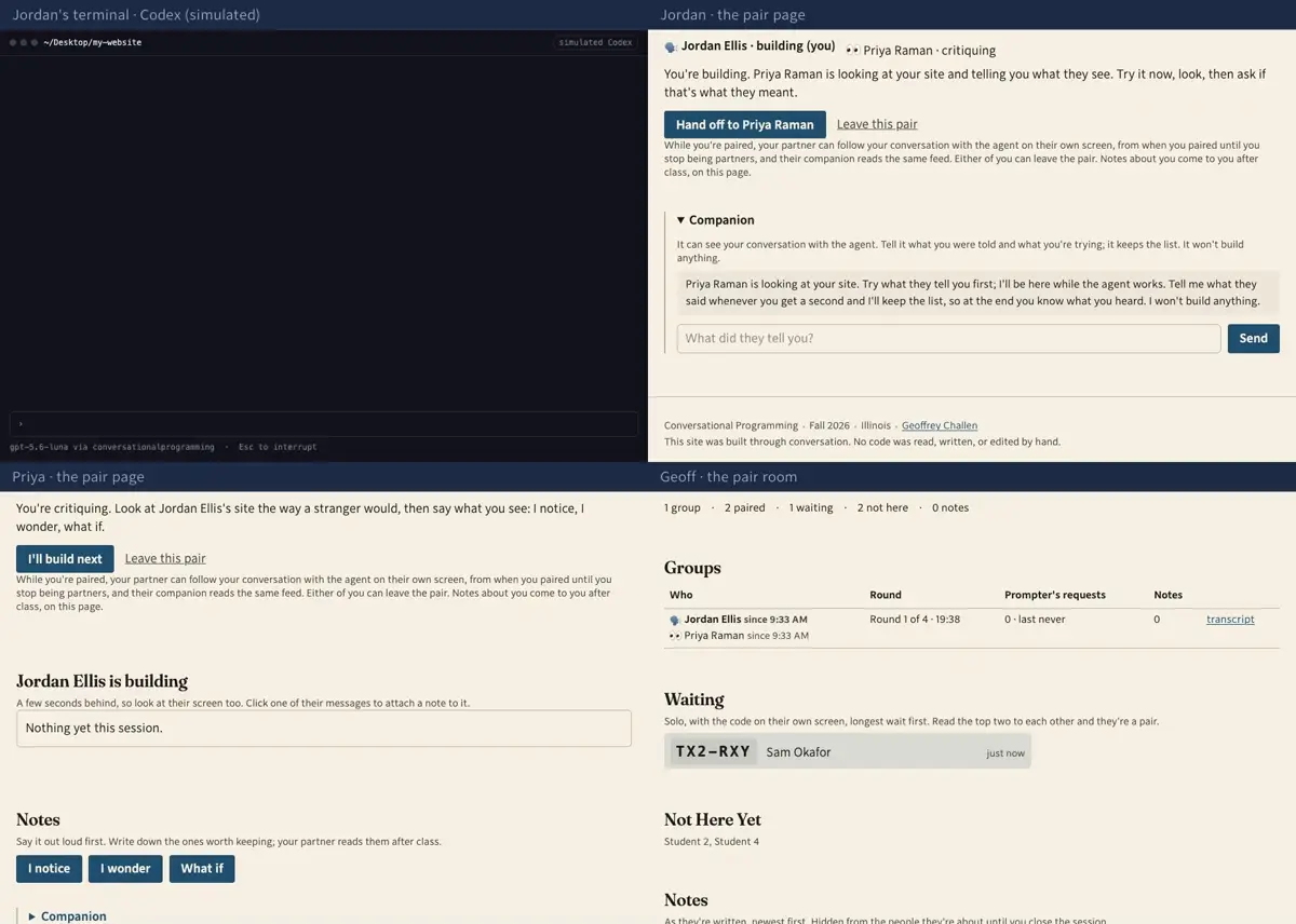 Step 4: Priya's page has the feed of Jordan's conversation, the note buttons with “the site” already chosen, and a companion for critics. Jordan's has no feed and no notes, but a companion of his own, closed until he wants it.