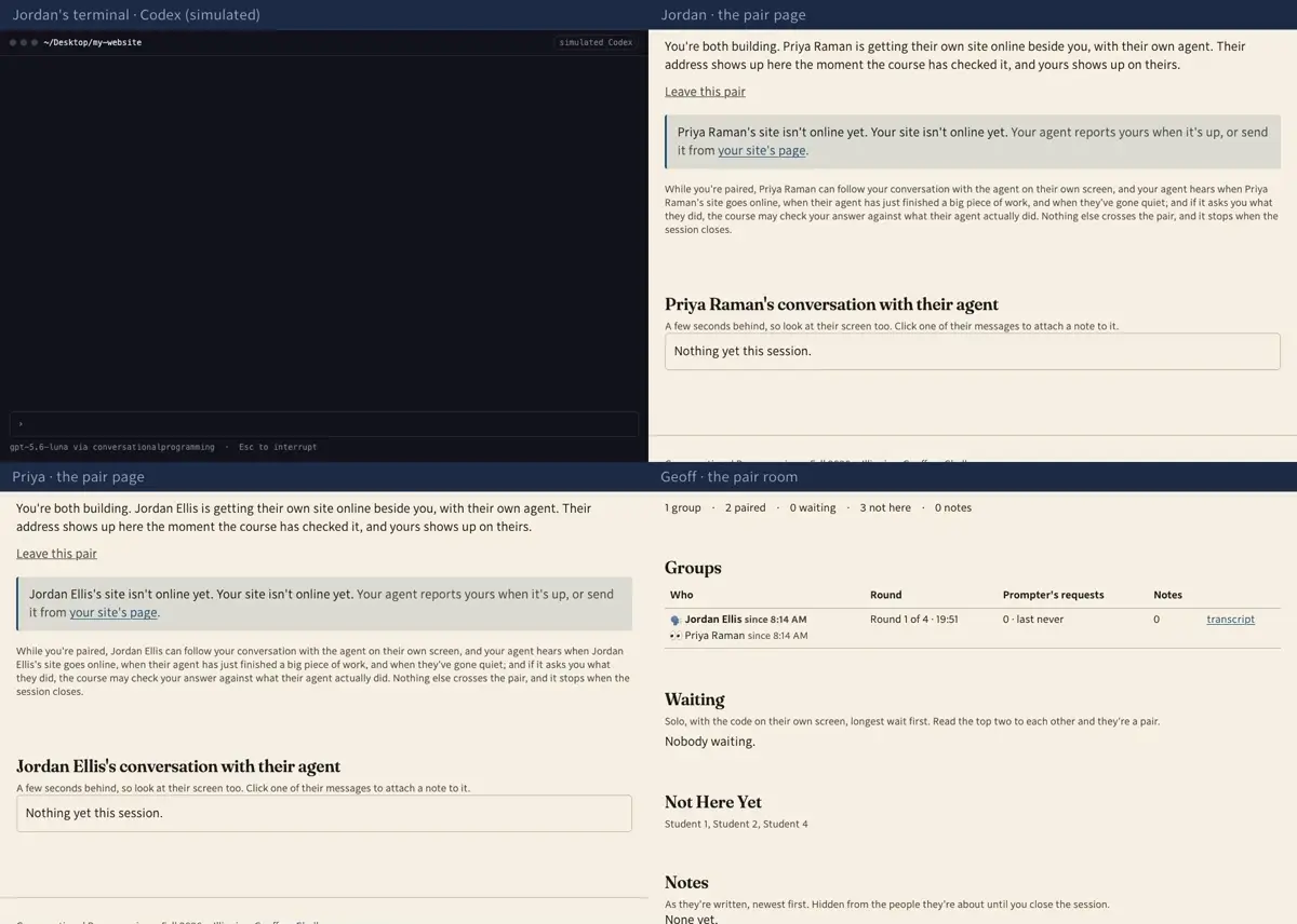Step 3: Priya types Jordan's code. Nobody is observing today: both pages say “You're both building”, and each shows the other's conversation with their agent. No notes, no companion, no switch.