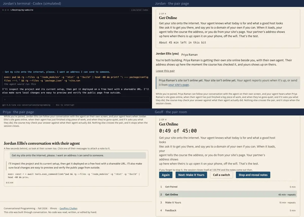 Step 8: The agent gets to work. Its tool calls are shown as requests and not run, because this pane stands in for a terminal; in class it runs them, and the site is up a few minutes later.