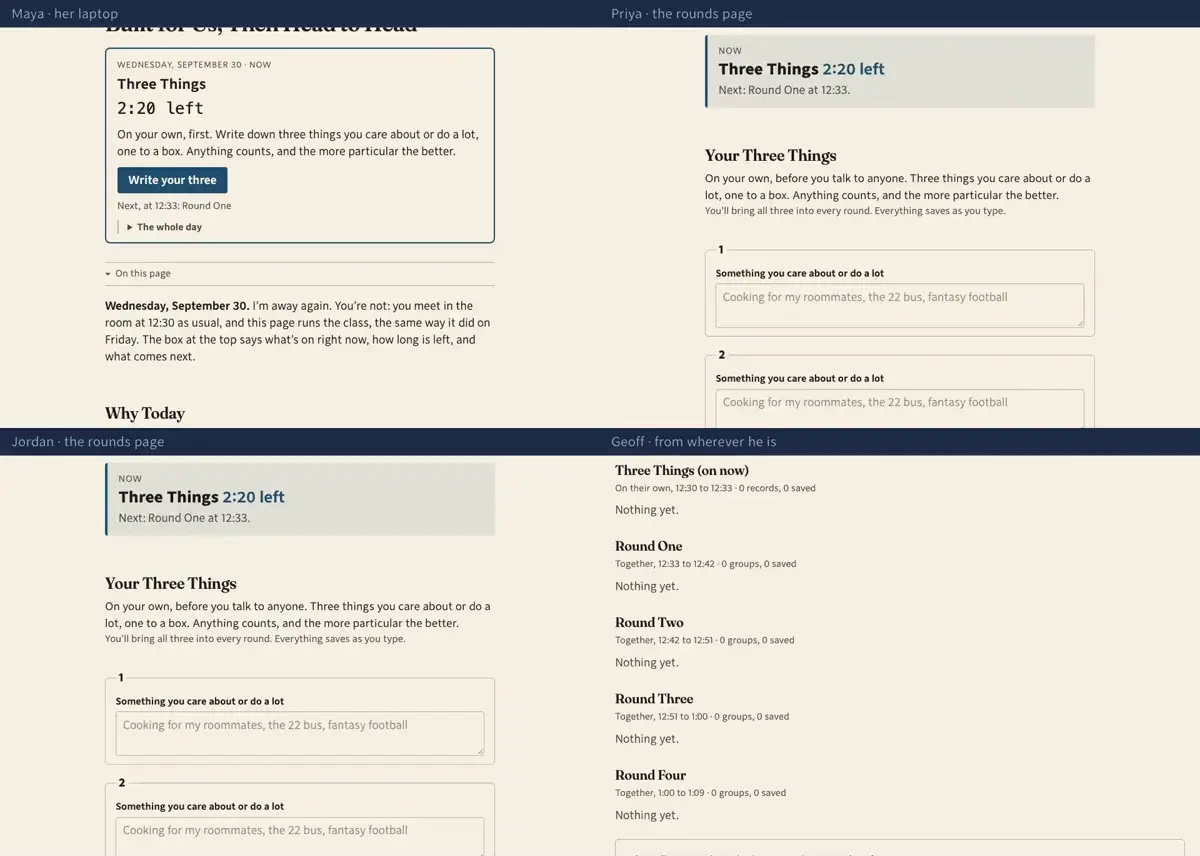 Step 1: Wednesday, 12:30, and I'm away again. The box at the top of the activity page runs the day, the same on every laptop: what's on, how long is left, and where to go.