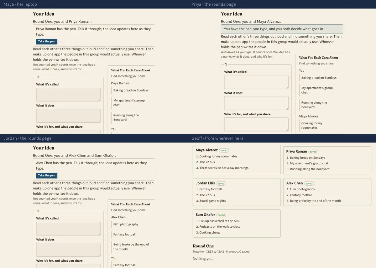 Step 4: 12:33, and every page changes by itself. Round One: find someone near you. One of you types the other's code.
