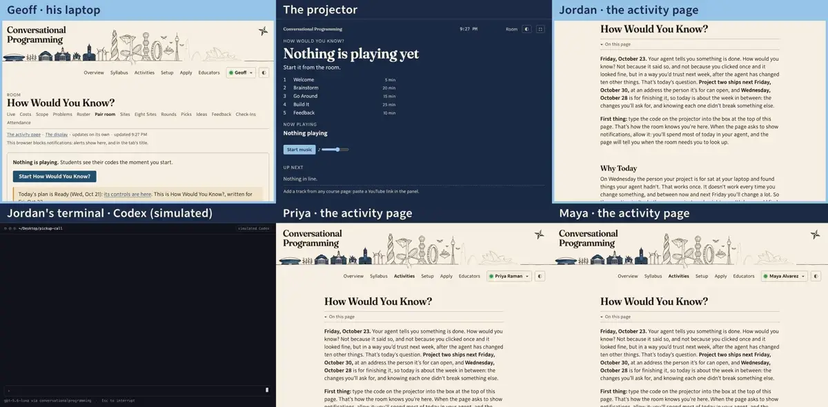 Step 1: Friday, 12:30. A week before project two ships, today is about one question: your agent says it's done. How would you know? Students keep the activity page open behind their agent all class.