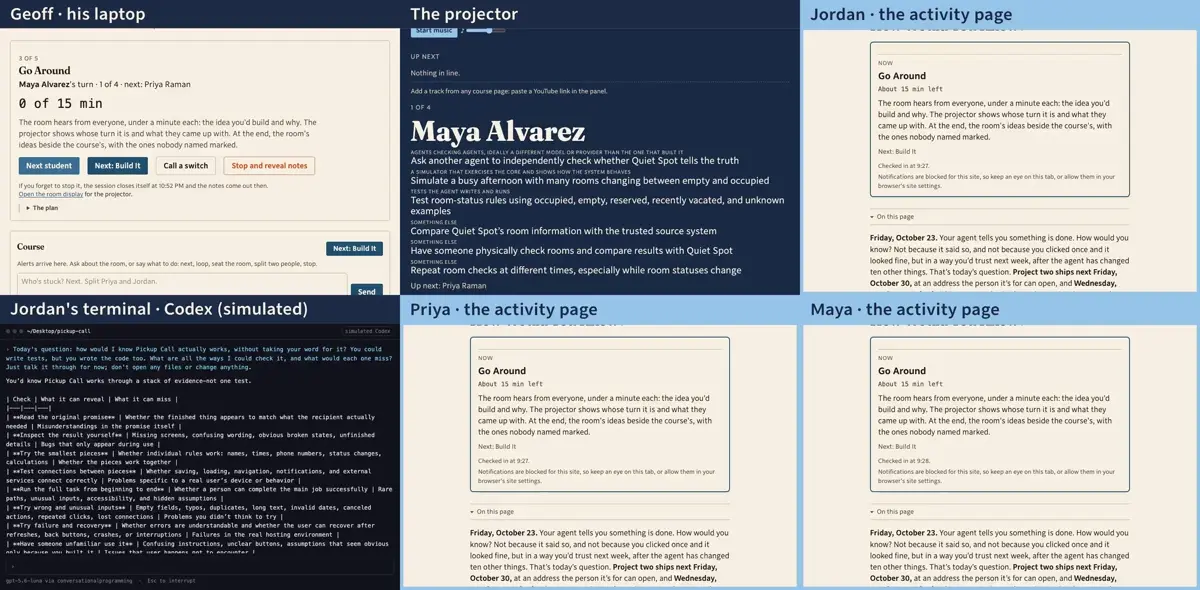 Step 13: Every student's tab title changes to "Look up: the room is going around," and where notifications are allowed, a desktop notification says the same, so someone deep in their agent knows to look up.