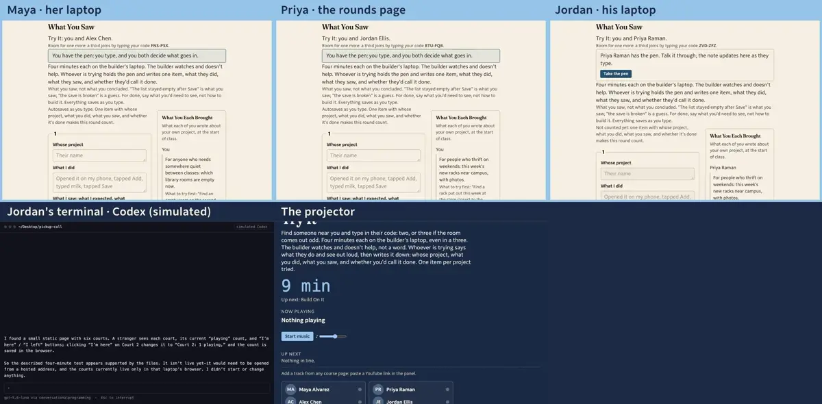 Step 6: 12:50, Try It. Every page changes by itself. Find someone near you and type their code. Priya types Jordan's, so she has the pen: she's trying his first.