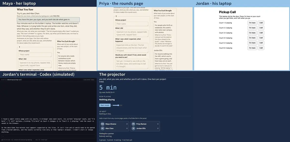 Step 9: Four minutes on Jordan's laptop, and he says nothing. Priya says out loud what she does: she just got to Court 2. She presses I'm here, isn't sure it took, and presses it again.