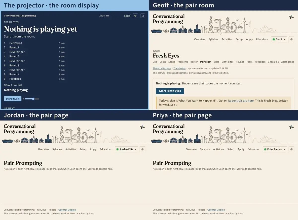 Step 1: Before class, the projector shows the display page: linked from the activity page, for the instructor only. Nothing is playing yet, and the plan is listed so the room can see what's coming.