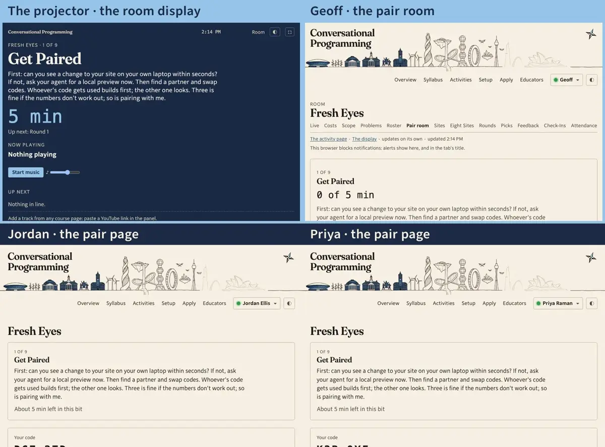 Step 2: Geoff opens Fresh Eyes's controls from its activity page and presses Start. The display follows: the section the room is on, what students are told, and a clock counting down its five minutes.