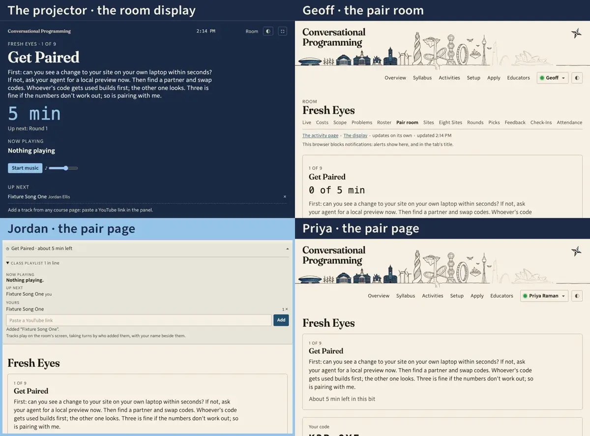 Step 3: Every student page now has an activity panel: the section, the time left, what's playing, and a box for a YouTube link. Jordan, still waiting for a partner, pastes a song.