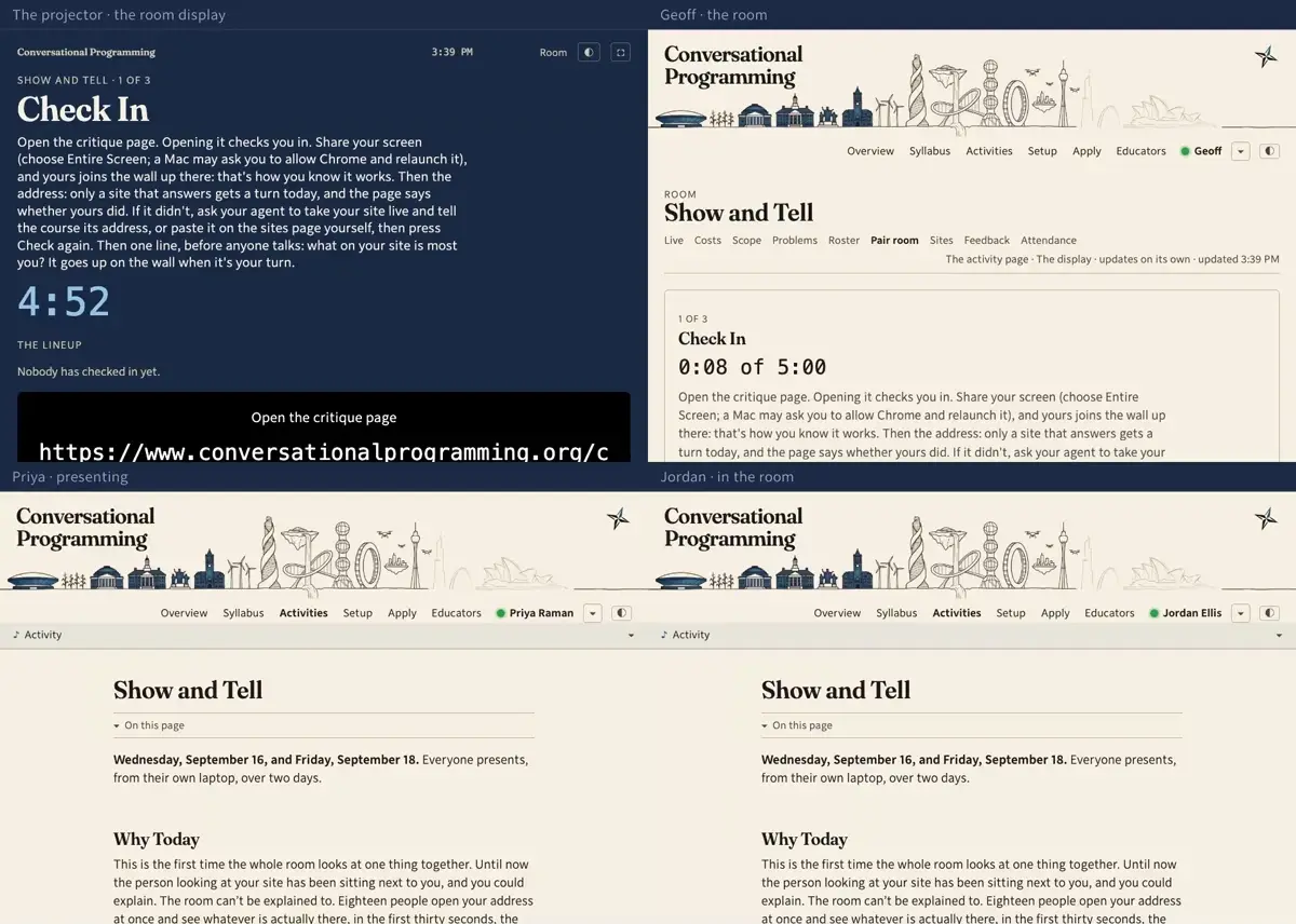 Step 1: Show and Tell's own controls, linked from its activity page. Geoff presses Start, and the room is on Check In.