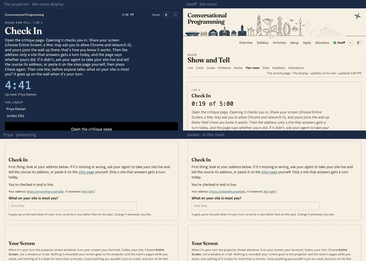 Step 2: Priya and Jordan open the critique page. Opening it is the check-in: it puts them in the room and in the queue, and there is nothing to sign. The queue is for sites that answer, so the page looks at each of their addresses as they arrive and says what it found.