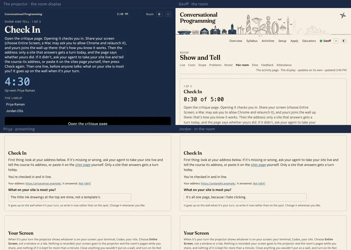 Step 3: Each of them writes one line before anyone has spoken: what on your site is most you. It goes up beside their name when their turn comes, so nobody has to think of it on the spot.