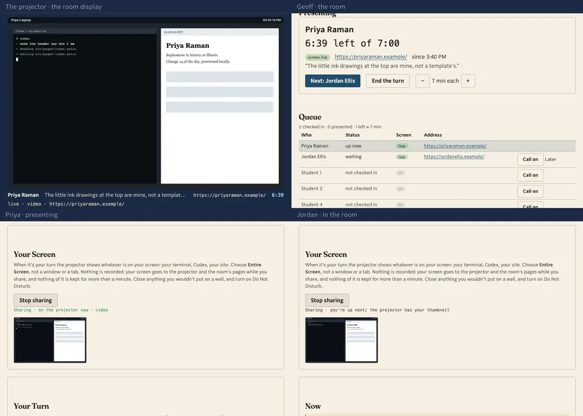 Step 8: Beside the screen, the lineup: whoever is next at the top, then the order of the room. Jordan's screen is already there, so the room can see his sharing works before he is standing in front of it.