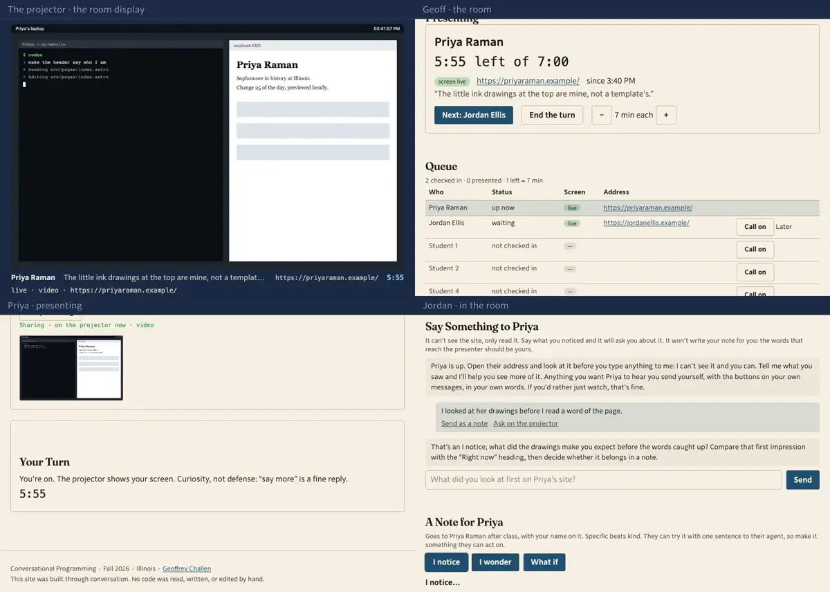 Step 12: Jordan says what he saw to the companion on his own page. It can read her site but it can't see it, and it will not write his note for him: the words that reach her have to be his.