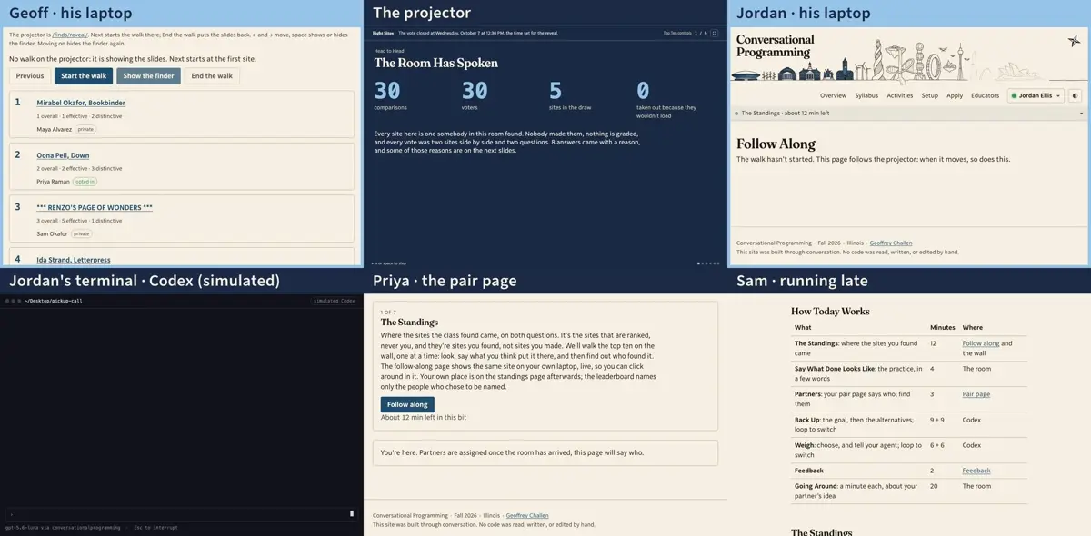 Step 3: Jordan opens Follow Along from his page. On my laptop, the Top Ten controls: the sites in the order the room placed them, who found each, and whether they chose to be named. Only I see this.