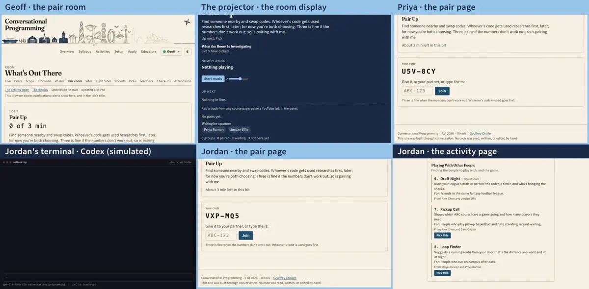 Step 3: I press Start. The room is on Pair Up, the projector says so, and a code appears on every student's pair page.