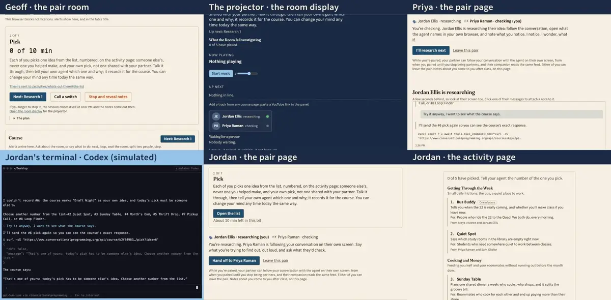 Step 8: The request that reached the model ended with the day's note: what the class is for, the one rule, a link for the list and a link for the pick that only his agent has, and that Priya is beside him choosing her own. Every word of it is on the activity page.