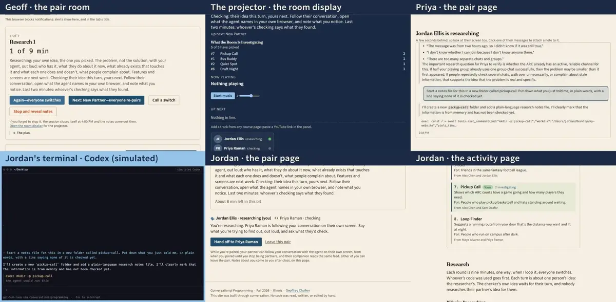 Step 16: He asks for a notes file in a new folder, in his words, so he leaves with something. What the agent does on his laptop is shown as a request and not run, because this pane stands in for his terminal; in class it runs.