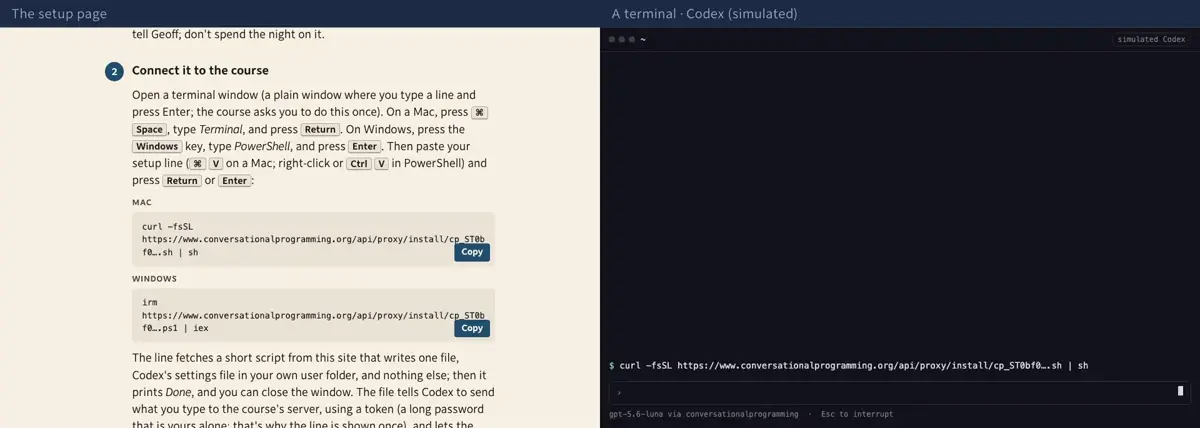 Step 3: That's the whole setup: one line, pasted into a terminal. It downloads a script and runs it.