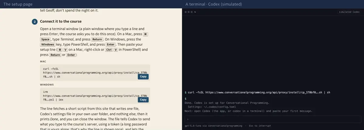 Step 4: It writes one file: Codex's own config, pointed at the course's proxy with her token in the URL. That output isn't mocked up — the walkthrough fetches the script the page hands out and runs it.