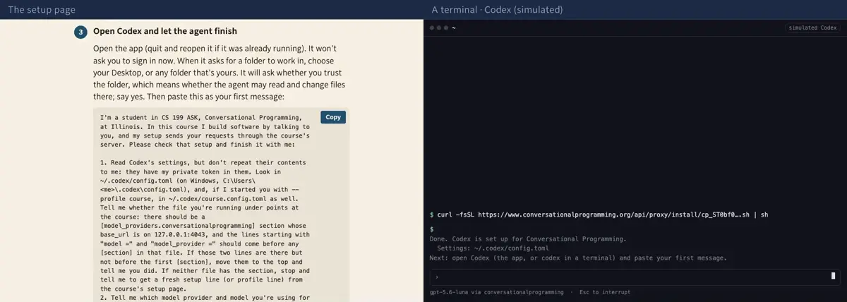 Step 5: She opens the Codex app without signing in to anything. It's already talking to the course, on the course's account.